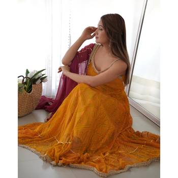 Yellow bandhani anarkali kurta with wine dupatta 3