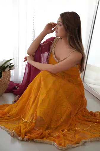 Yellow bandhani anarkali kurta with wine dupatta