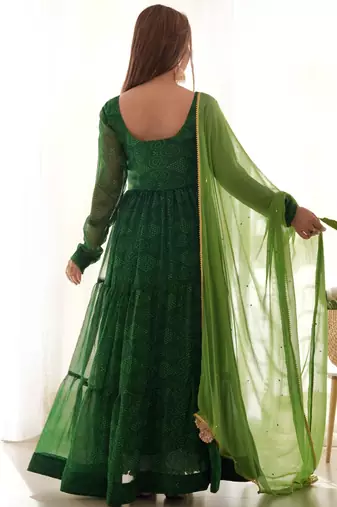 Green bandhani tiered anarkali kurta with dupatta