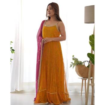 Yellow bandhani anarkali kurta with wine dupatta 4