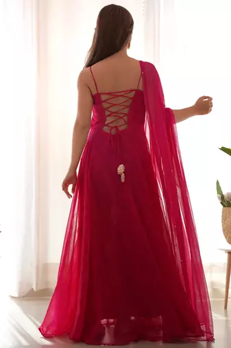 Magenta bandhani anarkali kurta with dupatta