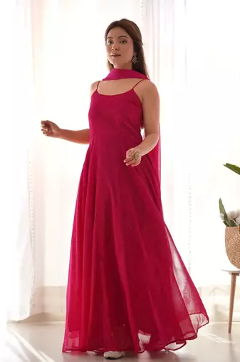 Magenta bandhani anarkali kurta with dupatta