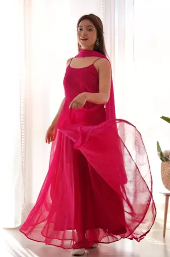 Magenta bandhani anarkali kurta with dupatta