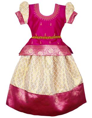 cream dori embroidery brocade silk pattu pavadai 1