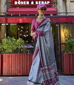 Rajtex Grey Printed Satin-Sarees With Blouse