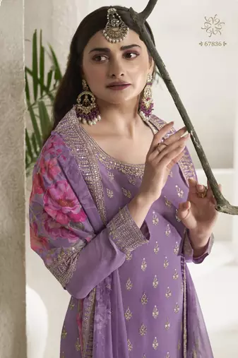 Purple Embroidered Chinon Silk Salwar Suit