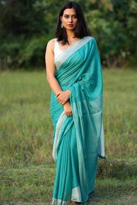 Handloom Turquoise Blue Saree With White Border And Tassels - Without Blouse 2