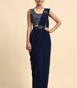 Blue lycra solid ready to wear saree with stitched blouse