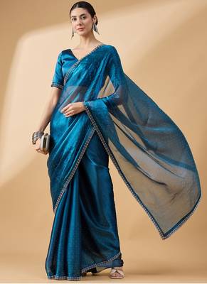 Teal Organza Swaroski Diamond Work Saree With Unstitched Blouse 1