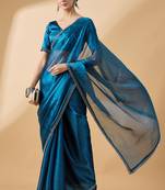 Teal Organza Swaroski Diamond Work Saree With Unstitched Blouse