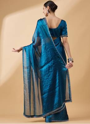 Teal Organza Swaroski Diamond Work Saree With Unstitched Blouse 2