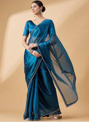 Teal Organza Swaroski Diamond Work Saree With Unstitched Blouse 3