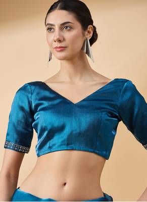 Teal Organza Swaroski Diamond Work Saree With Unstitched Blouse 4