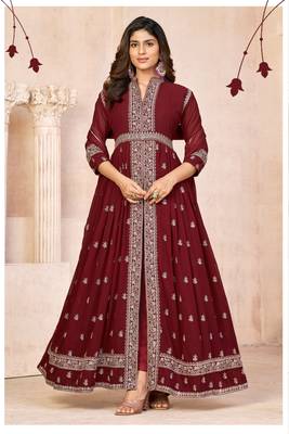 Maroon embroidered faux georgette semi stitched anarkali suit 1