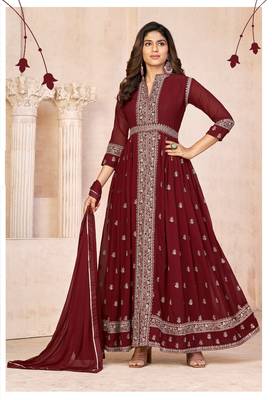 Maroon embroidered faux georgette semi stitched anarkali suit 2