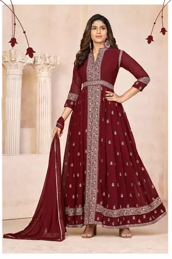 Maroon embroidered faux georgette anarkali suit