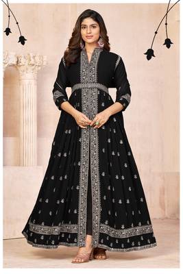 Black embroidered faux georgette semi stitched anarkali suit 2