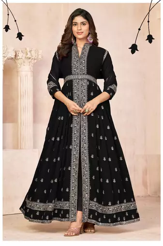 Black embroidered faux georgette anarkali suit