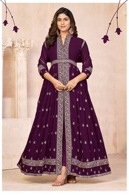 Wine embroidered faux georgette semi stitched anarkali suit 1