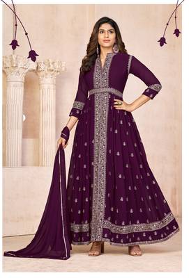 Wine embroidered faux georgette semi stitched anarkali suit 2