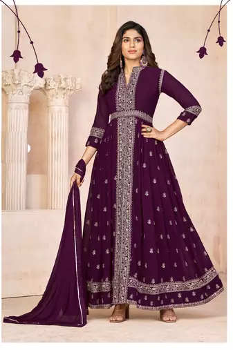 Wine embroidered faux georgette anarkali suit