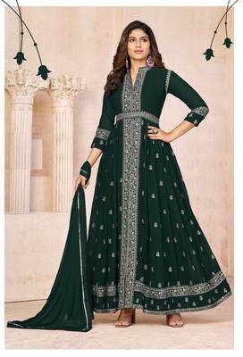 Green embroidered faux georgette semi stitched anarkali suit 1