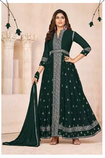 Green embroidered faux georgette anarkali suit