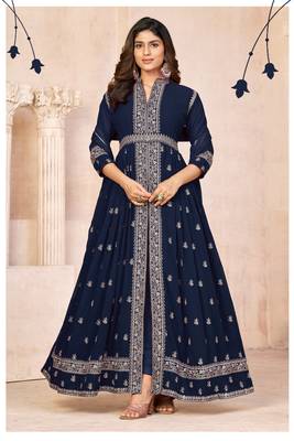 Navy blue embroidered faux georgette semi stitched anarkali suit 1