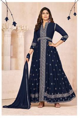 Navy blue embroidered faux georgette semi stitched anarkali suit 2