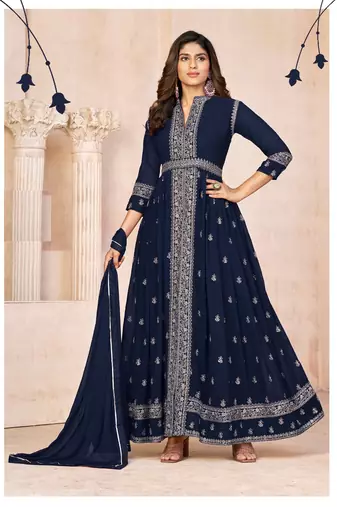Navy blue embroidered faux georgette anarkali suit