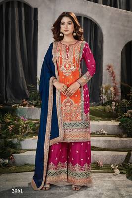Orange and pink embroidered viscose chinon semi stitched salwar suit 1