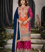 Orange and pink embroidered viscose chinon semi stitched salwar suit