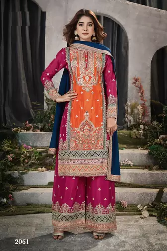 Orange and pink embroidered viscose chinon salwar suit
