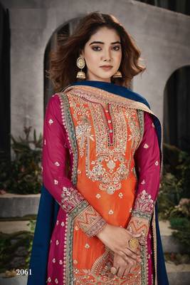 Orange and pink embroidered viscose chinon semi stitched salwar suit 3