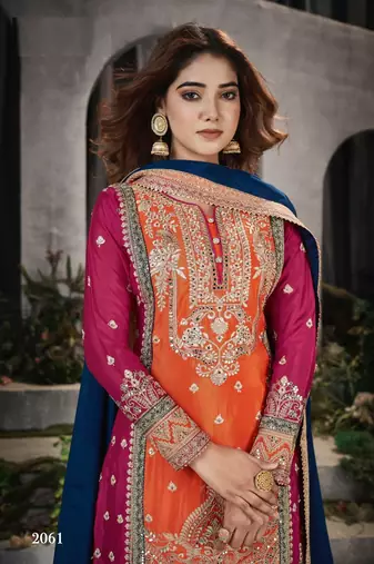 Orange and pink embroidered viscose chinon salwar suit