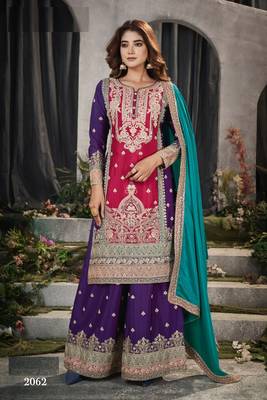 Maroon and wine embroidered viscose chinon semi stitched salwar suit 1