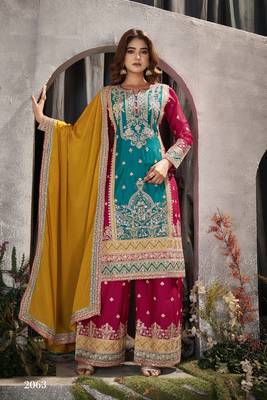 Teal and maroon embroidered viscose chinon semi stitched salwar suit 1