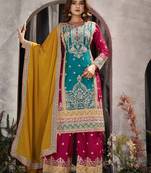 Teal and maroon embroidered viscose chinon semi stitched salwar suit