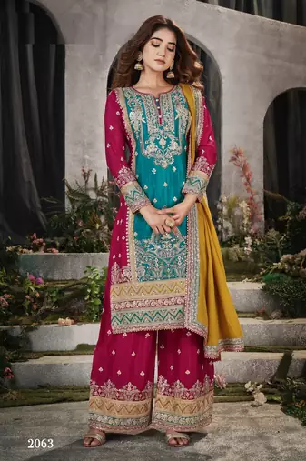 Teal and maroon embroidered viscose chinon salwar suit
