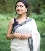 White Handloom Organic Cotton Saree With Black Border And Tassels - Without Blouse