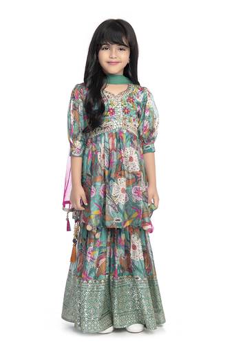 Betty green colored printed, mirror work, silk gharara set