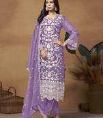 Lavender colour embroidered soft organza straight suit with dupatta