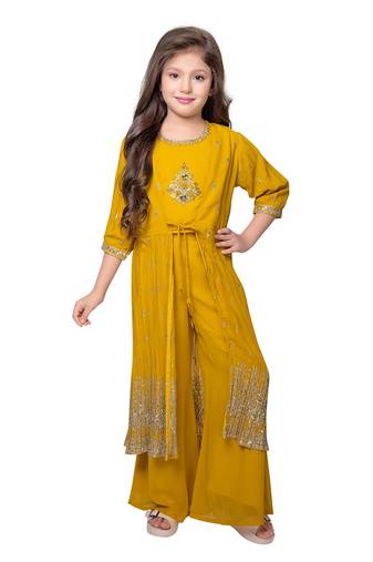 Betty mustard colored beads georgette palazzo set along with jacket