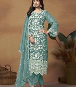 Light teal colour embroidered soft organza straight suit with dupatta