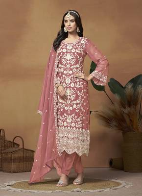 Dark mauve colour embroidered organza straight suit with dupatta 1