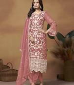 Dark mauve colour embroidered organza straight suit with dupatta