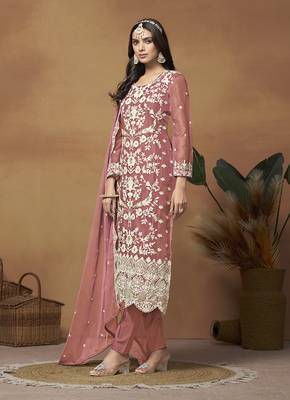 Dark mauve colour embroidered organza straight suit with dupatta 2