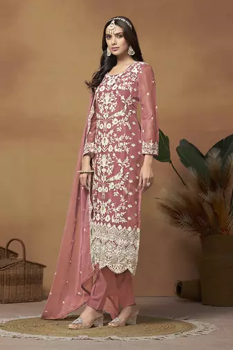 Dark mauve colour embroidered organza straight suit with dupatta