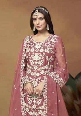 Dark mauve colour embroidered organza straight suit with dupatta 3