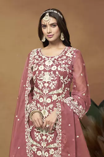 Dark mauve colour embroidered organza straight suit with dupatta